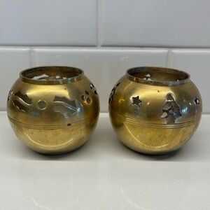 Vintage Holiday Winter Christmas Yule Noel Tealight Brass Candleholder Pair
